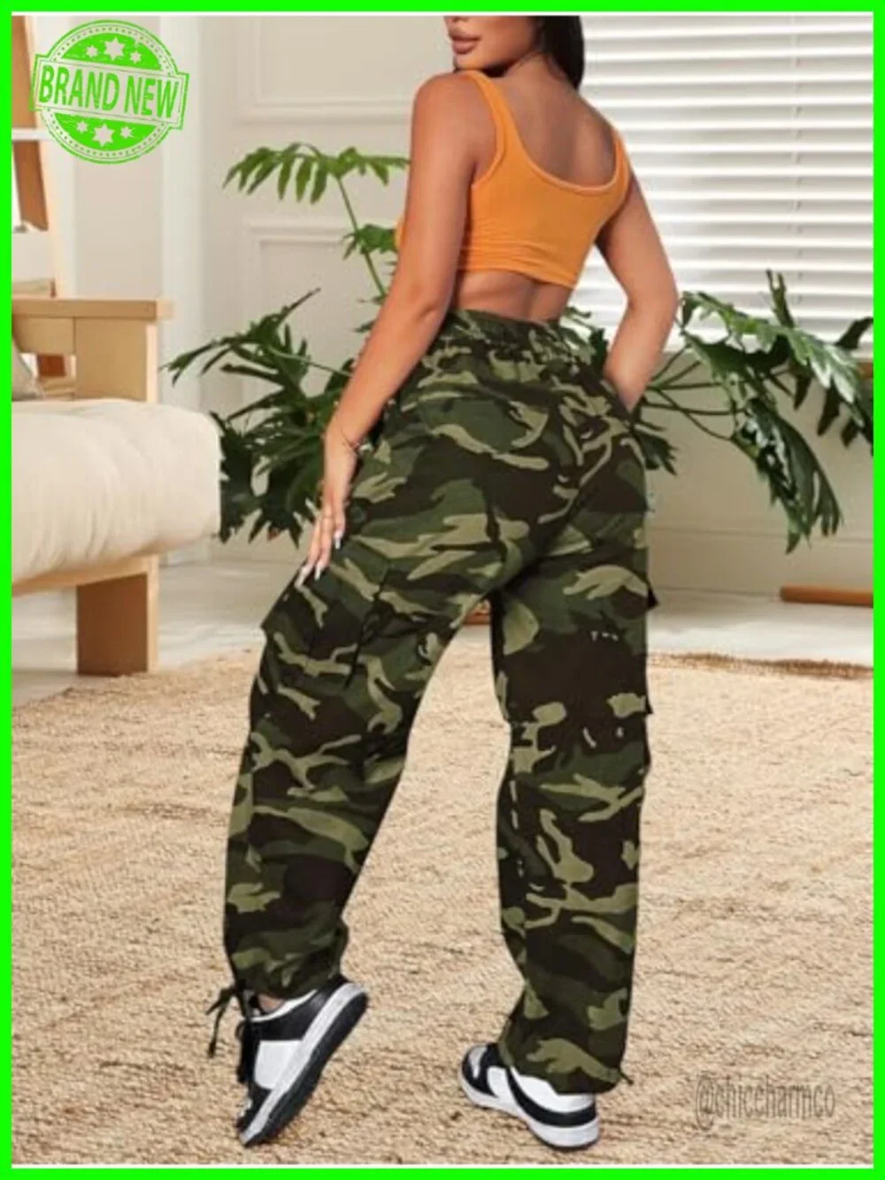 Camo Cargo Pants, Drawstring Elastic Waist, Baggy Wide Leg, 6 Pockets, Hiking - Picture 4 of 7